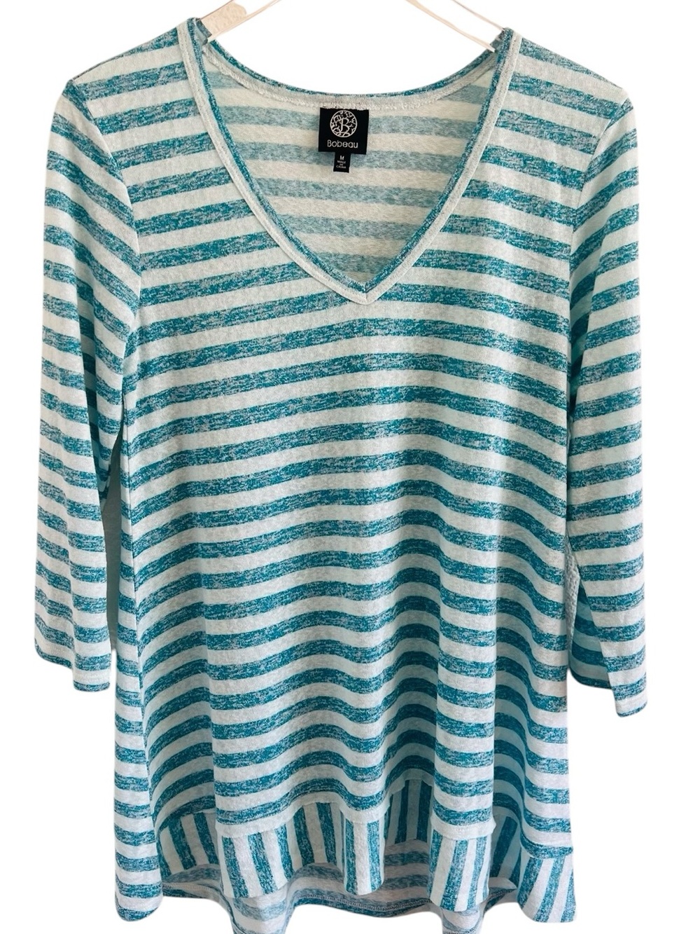 bobeau Teal and Cream Striped V-Neck Tunic
